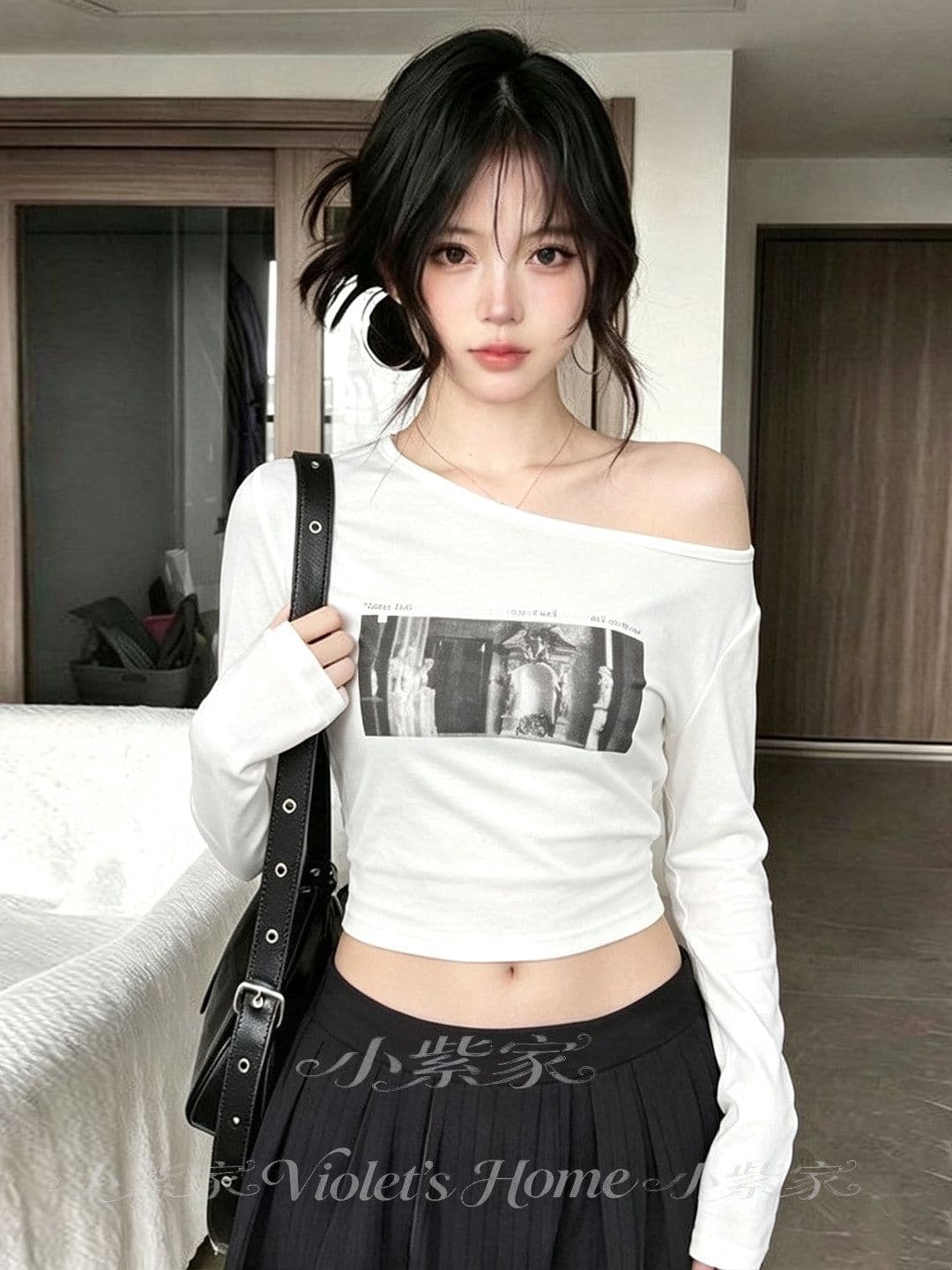사람들 면 아메리칸 핫걸 비스듬한 어깨 긴팔 티셔츠 여성 가을 베이지 색 프린트 몸매 가꾸기 슬림해 보이는 쇼트 스타일 이슬 뼈의 맨위 상세 이미지 3