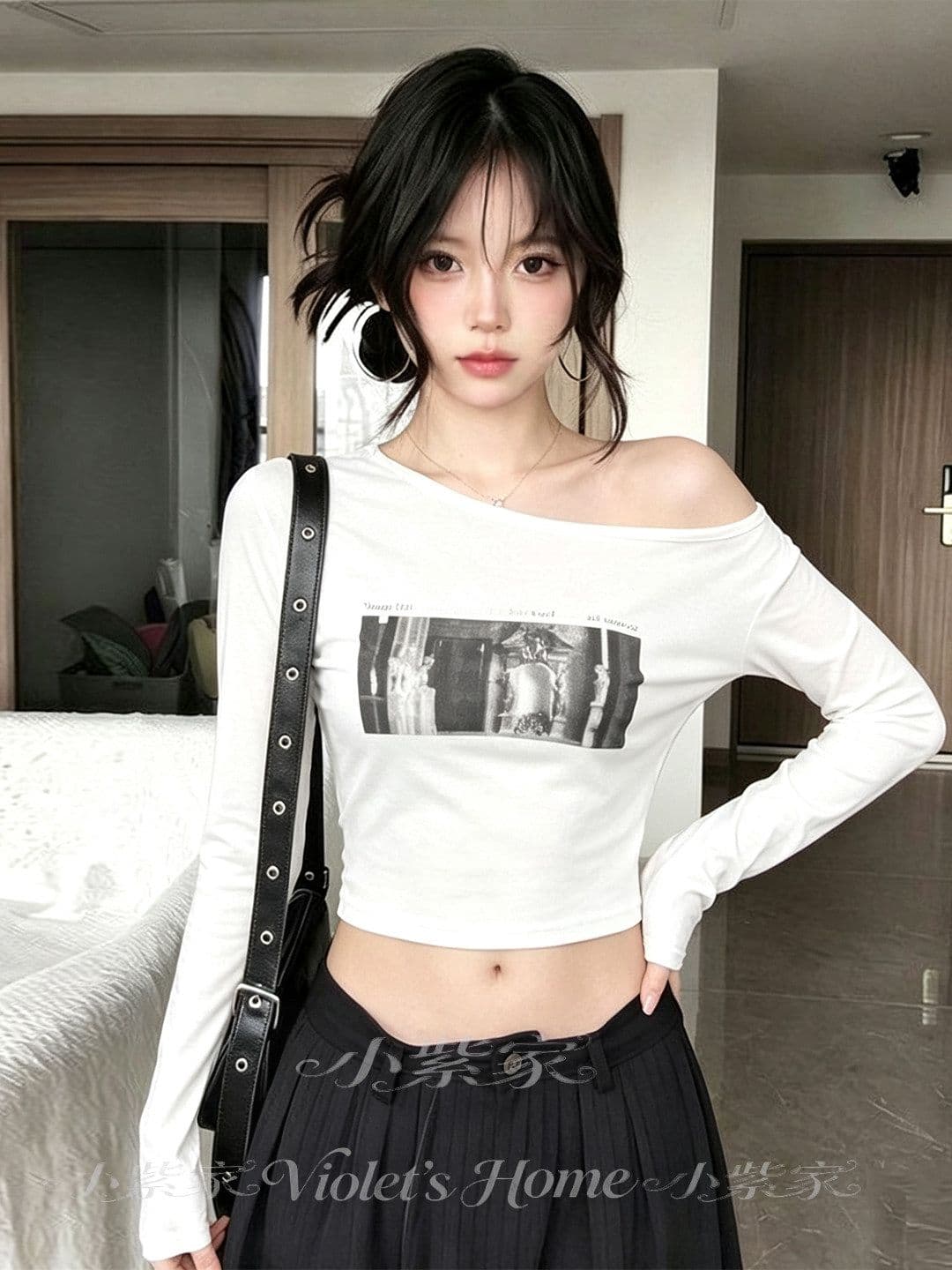 사람들 면 아메리칸 핫걸 비스듬한 어깨 긴팔 티셔츠 여성 가을 베이지 색 프린트 몸매 가꾸기 슬림해 보이는 쇼트 스타일 이슬 뼈의 맨위 상세 이미지 4