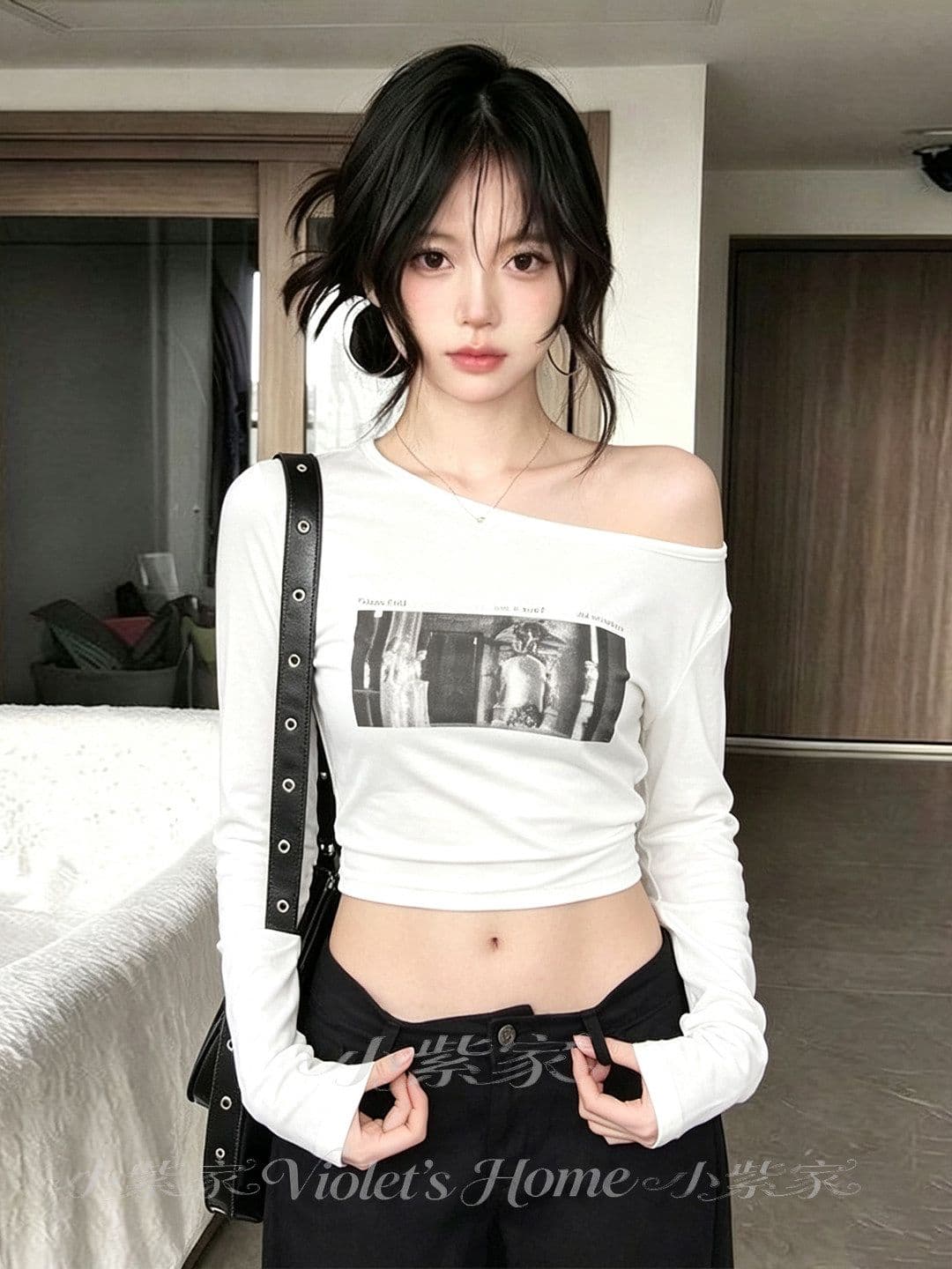 사람들 면 아메리칸 핫걸 비스듬한 어깨 긴팔 티셔츠 여성 가을 베이지 색 프린트 몸매 가꾸기 슬림해 보이는 쇼트 스타일 이슬 뼈의 맨위 상세 이미지 6