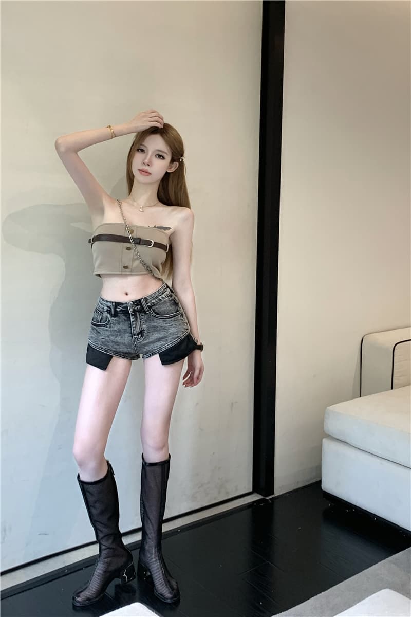 실사 정가 핫걸 섹시함 청바지 와이드 레그 팬츠 하이웨이스트 타이트 스커트 짧은 바지 슬림해 보이는 핫 바지 상세 이미지 12