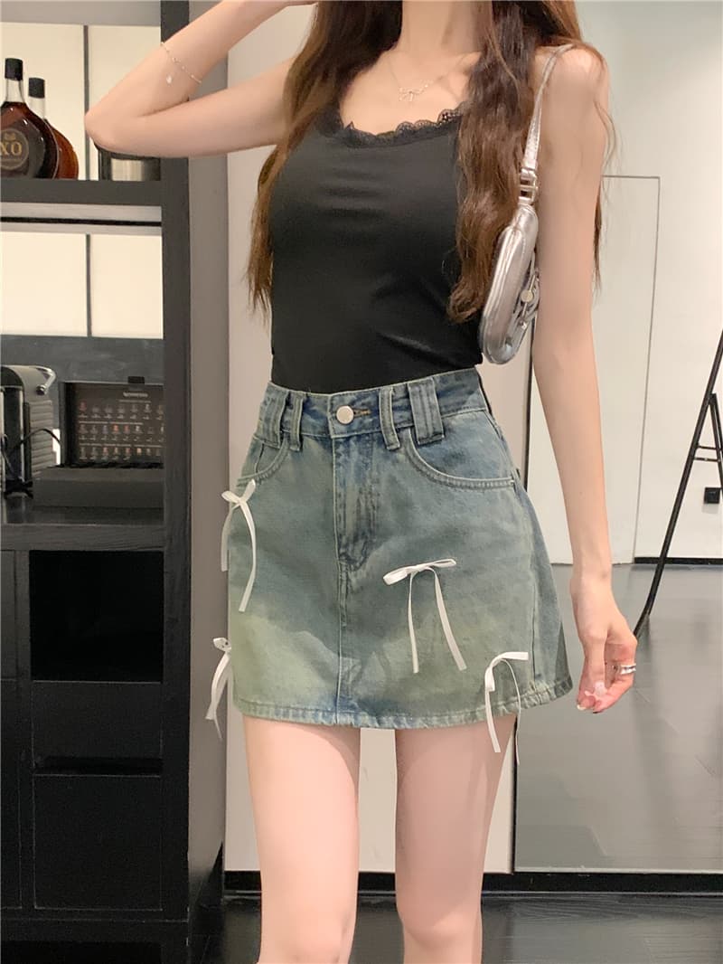 실사 정가 핫걸 나비 매듭 스트랩 데님 미니 스커트 반신 스커트 여성 레트로 한 마디 타이트 스커트 치마 상세 이미지 12