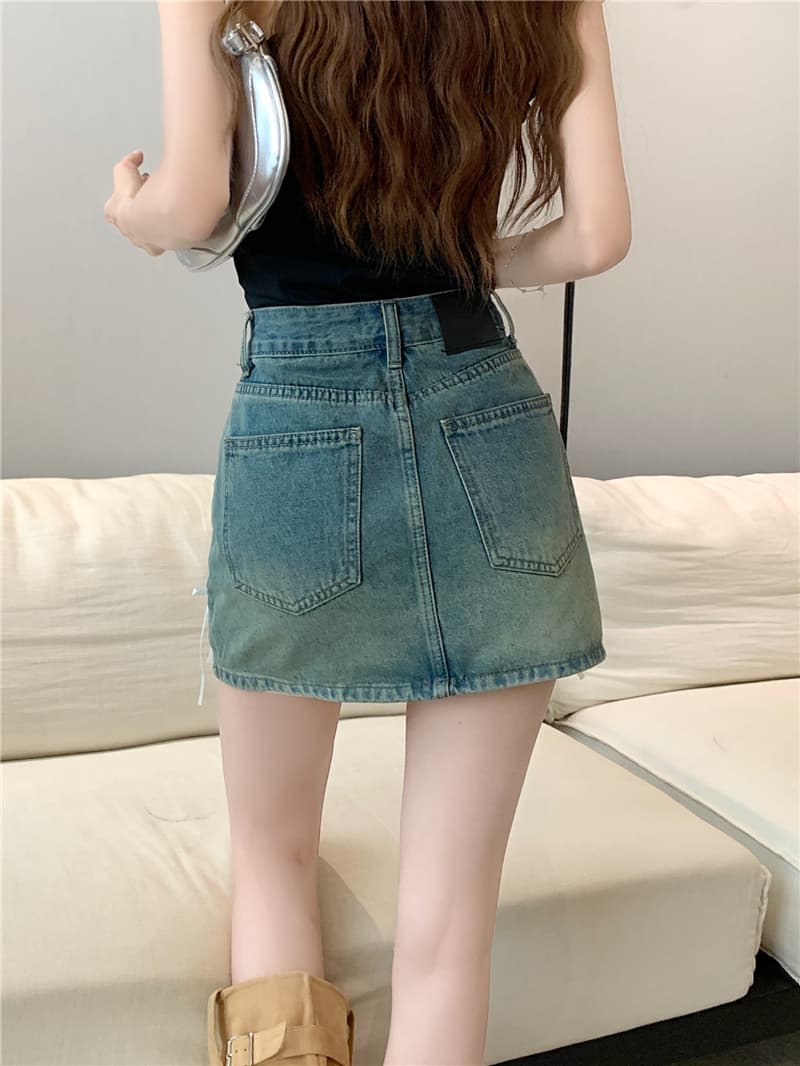 실사 정가 핫걸 나비 매듭 스트랩 데님 미니 스커트 반신 스커트 여성 레트로 한 마디 타이트 스커트 치마 상세 이미지 16