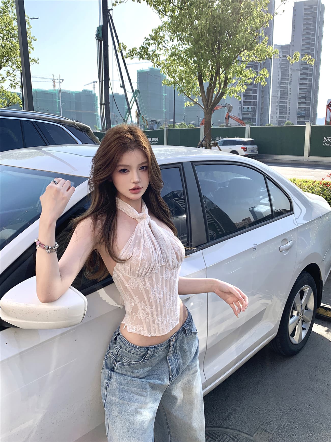 실사 정가 레이스 행침 목 섹시함 백리스 생선뼈 슬립 맨위 여성 루즈핏 바닥 청소 와이드 레그 팬츠 청바지 이미지 2