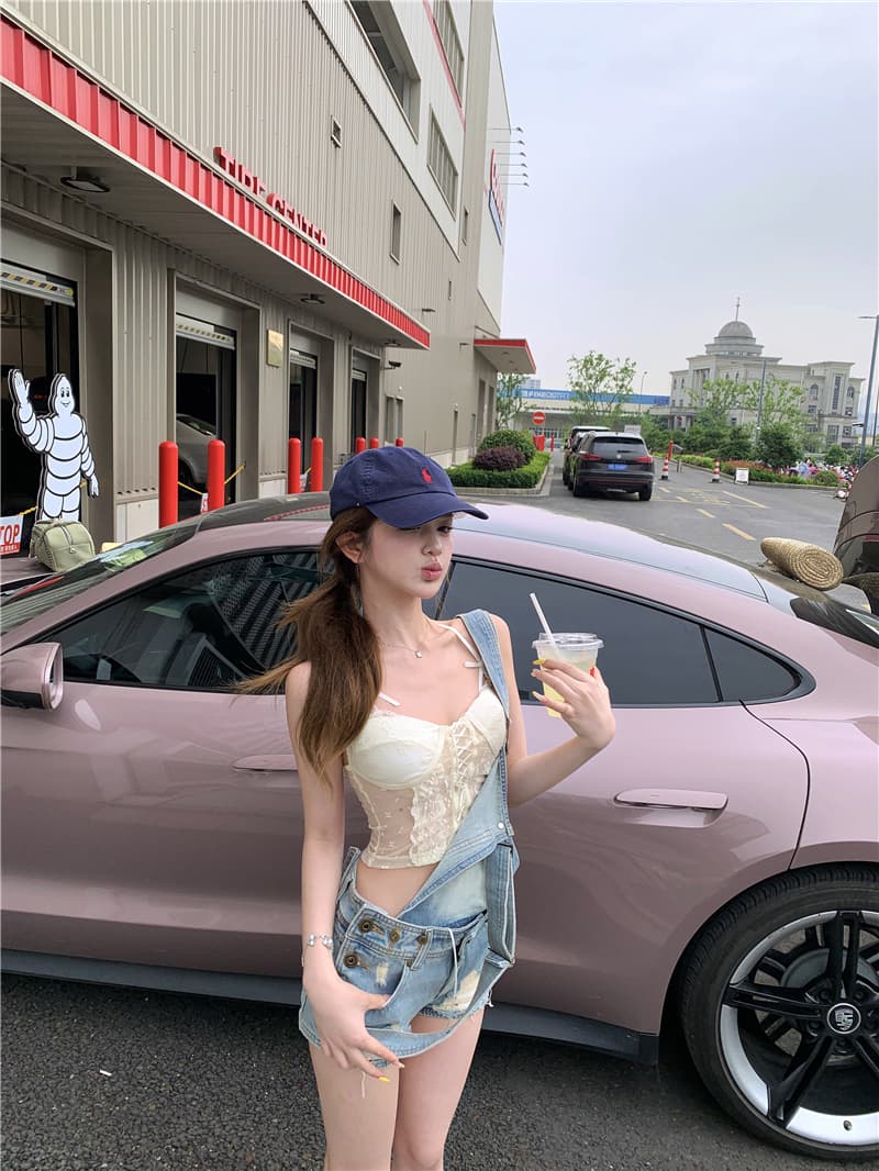 실사 레트로 핫걸 순수한 욕망 장난기 넘치는 다용도 데님 멜빵 반바지 여성 상세 이미지 2