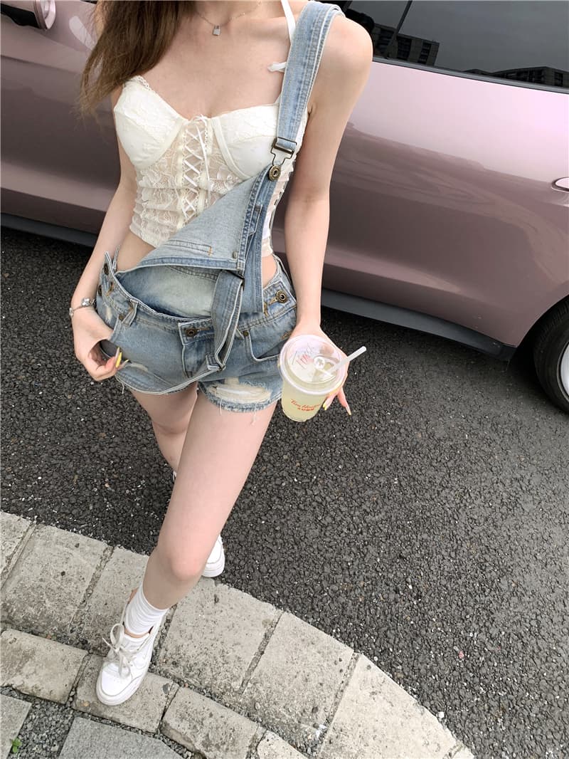 실사 레트로 핫걸 순수한 욕망 장난기 넘치는 다용도 데님 멜빵 반바지 여성 상세 이미지 6