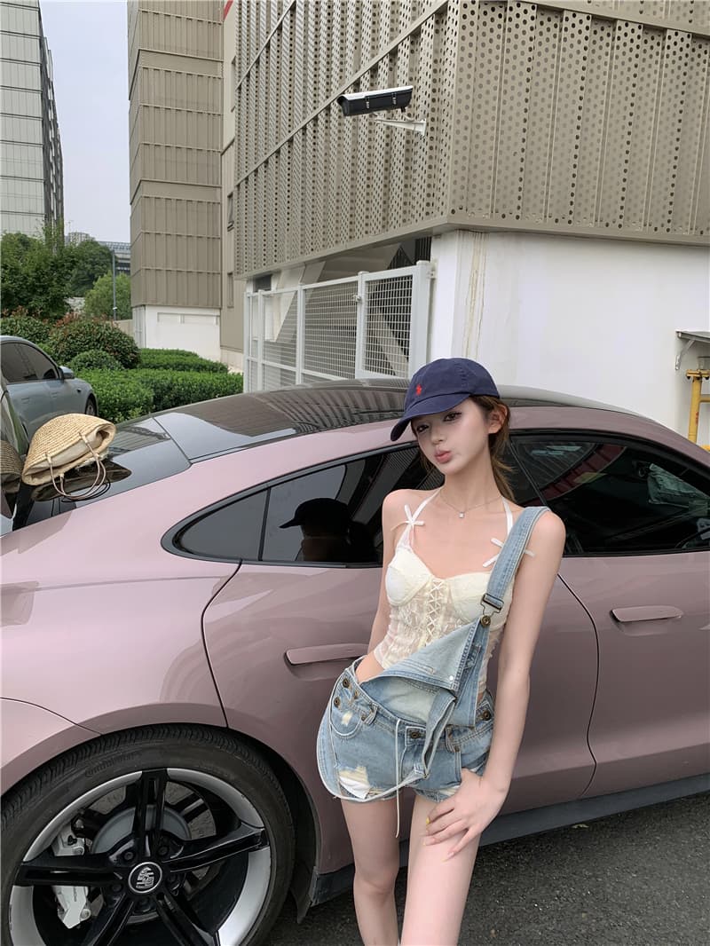 실사 레트로 핫걸 순수한 욕망 장난기 넘치는 다용도 데님 멜빵 반바지 여성 상세 이미지 11