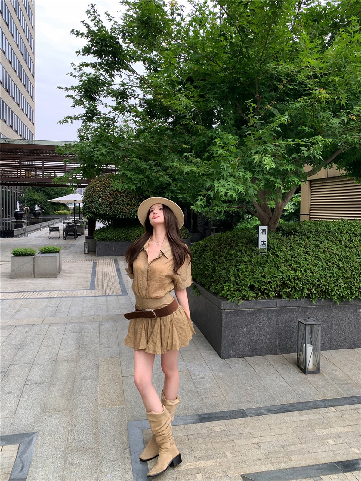 실사 셔츠 드레스 휴가 바람 페이크 레이어드 패치워크 반팔 셔츠 플리츠 미니 스커트 벨트 포함 이미지 2