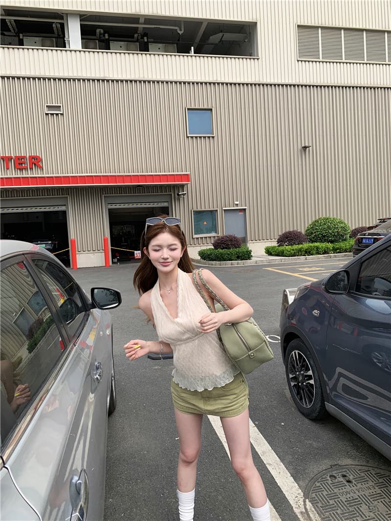 실사 레이스 홀로우 아웃 행침 목 백리스 슬립 맨위 여성 노출 방지 다용도 한 마디 캐주얼 반신 스커트 바지 상세 이미지 8