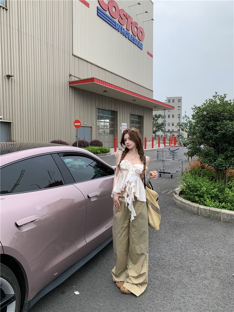 실사 같이 갔다. 이신 가스 계단식 프릴 슬립 여성 워싱 넓은 다리 루즈핏 먹물 워크웨어 캐주얼 바지 긴 바지 상세 이미지 13