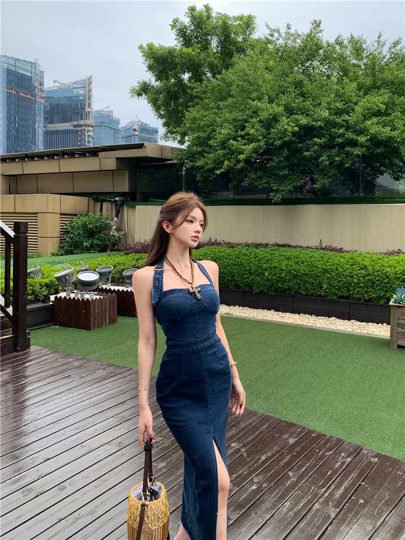 실사 정가 데님 행침 목 여성 드레스 섹시함 여름 핫걸 트임 타이트 스커트 롱 스커트 튜브탑 치마 트렌디 상세 이미지 7