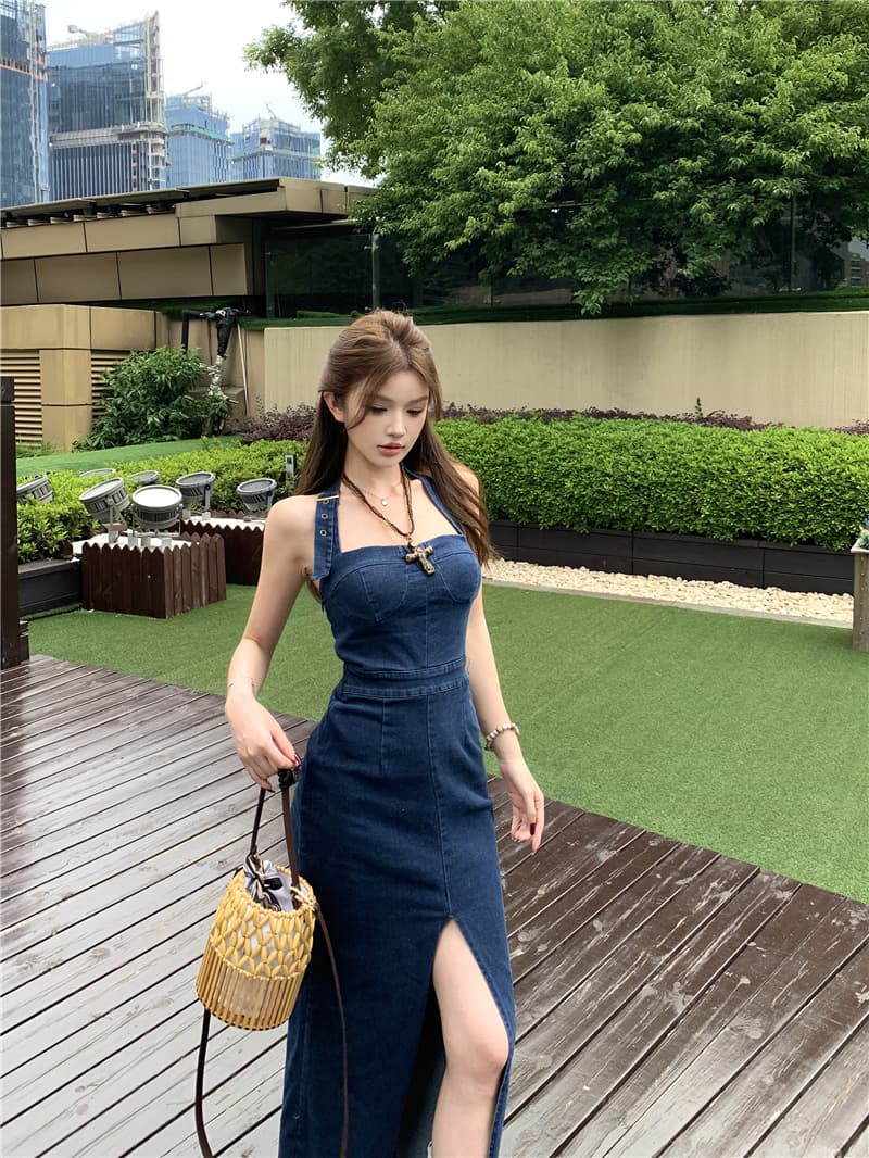 실사 정가 데님 행침 목 여성 드레스 섹시함 여름 핫걸 트임 타이트 스커트 롱 스커트 튜브탑 치마 트렌디 상세 이미지 9