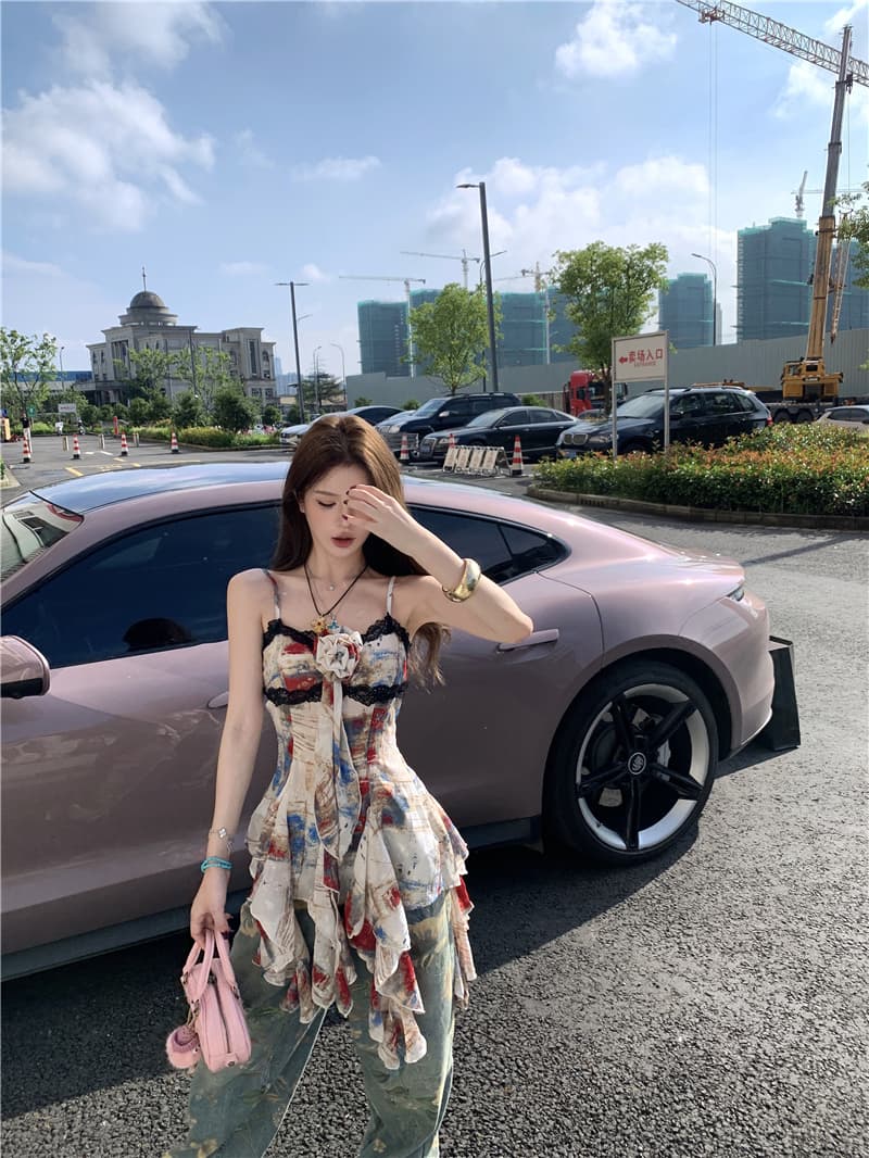실사 정가 슬림해 보이는 디자인 센스 불규칙 슬립 맨위 여성 레트로 루즈핏 꽃무늬 청바지 와이드 레그 팬츠 상세 이미지 7