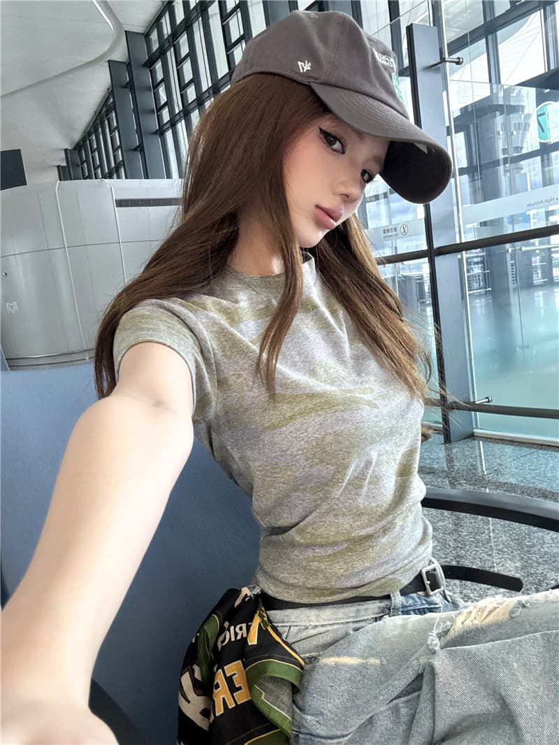 실사 아메리칸 레트로 카모플라주 반팔 티셔츠 맨위 여성 높음 거리 마 오래된 워싱 찢어진 부분 데님 반바지 7부 바지 상세 이미지 5