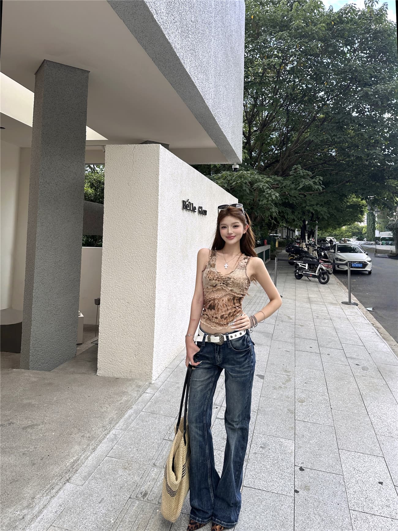 실사 아메리칸 레트로 몸매 가꾸기 섹시함 망사 조끼 맨위 여성 레트로 캐주얼 로우 웨이스트 부츠컷 청바지 트렌디