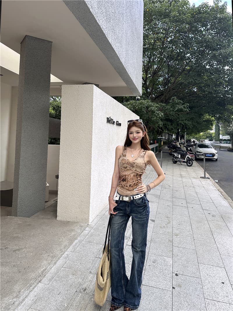 실사 아메리칸 레트로 몸매 가꾸기 섹시함 망사 조끼 맨위 여성 레트로 캐주얼 로우 웨이스트 부츠컷 청바지 트렌디 상세 이미지 2