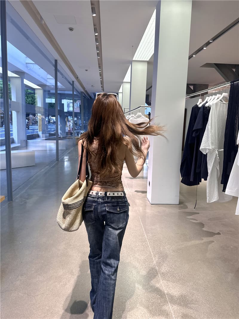 실사 아메리칸 레트로 몸매 가꾸기 섹시함 망사 조끼 맨위 여성 레트로 캐주얼 로우 웨이스트 부츠컷 청바지 트렌디 상세 이미지 14