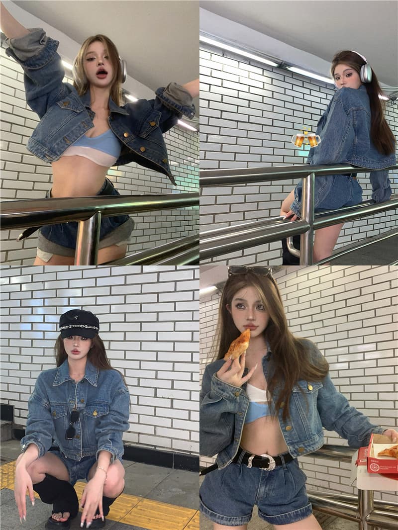 실사 정가 아메리칸 레트로 달콤한 차가운 핫걸 데님 짧은 외투 새로운 높음 거리 반바지 세트 투피스 세트 상세 이미지 2