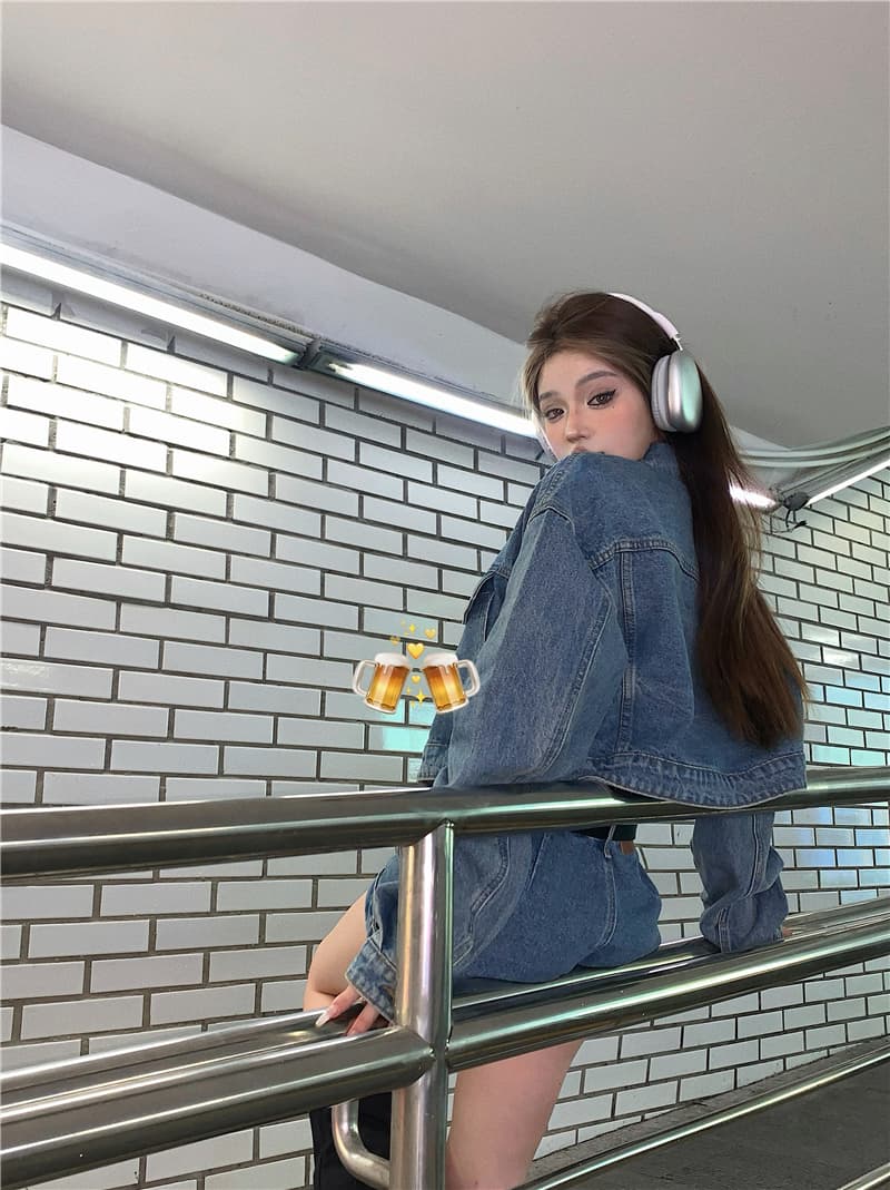 실사 정가 아메리칸 레트로 달콤한 차가운 핫걸 데님 짧은 외투 새로운 높음 거리 반바지 세트 투피스 세트 상세 이미지 17
