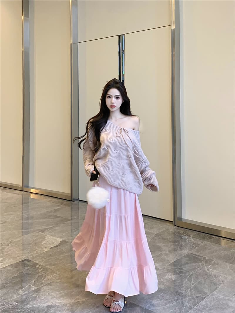 실사 정가 핑크색 느긋한 V넥 루즈핏 풀오버 부드러운 롱 코트 반신 스커트 투피스 세트 세트 여성 상세 이미지 2