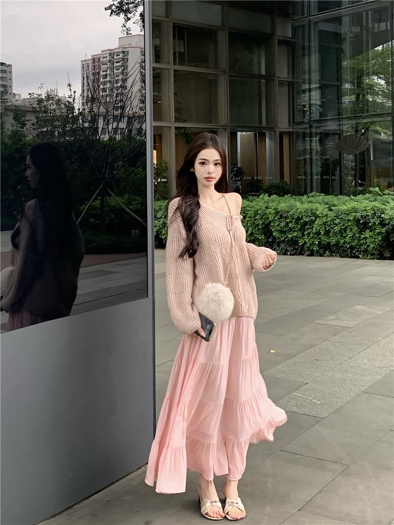 실사 정가 핑크색 느긋한 V넥 루즈핏 풀오버 부드러운 롱 코트 반신 스커트 투피스 세트 세트 여성 상세 이미지 10