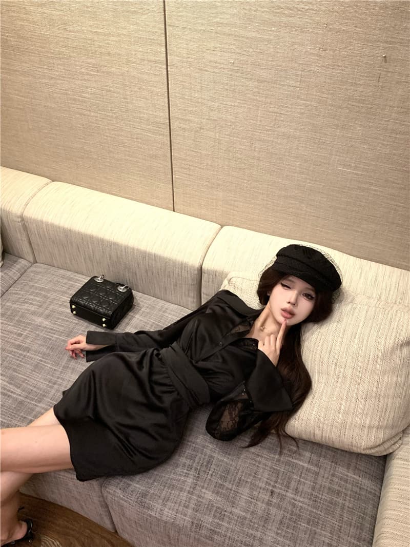 실사 빛 럭셔리 고급 센스 레이스 조각 폴로 칼라 셔츠 드레스 여성 순수한 욕망 몸매 가꾸기 허리 수축 드레스 복장 상세 이미지 7