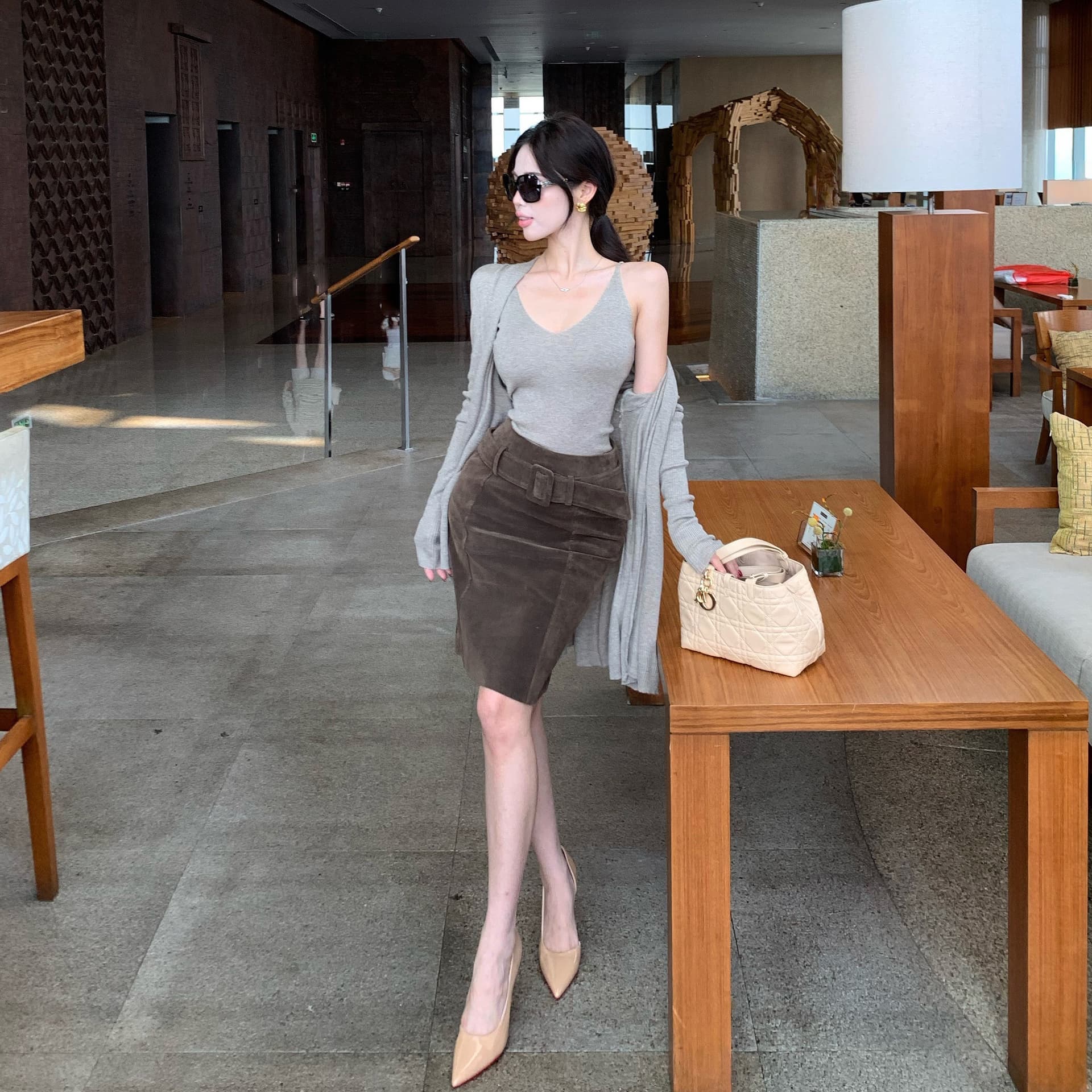 실사 한국 스타일 순수한 욕망 몸매 가꾸기 슬립 루즈핏 느긋한 니트 오픈 가디건 두 조각 여성 세트 이미지 5