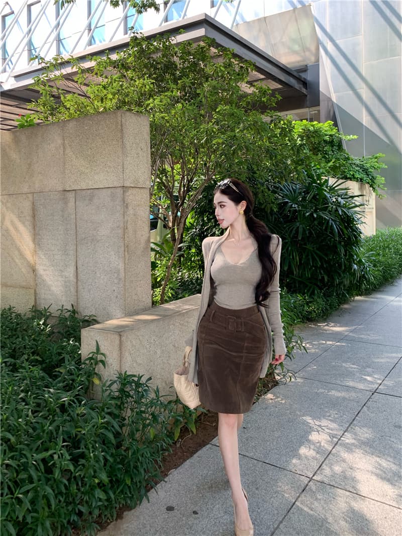 실사 한국 스타일 순수한 욕망 몸매 가꾸기 슬립 루즈핏 느긋한 니트 오픈 가디건 두 조각 여성 세트 상세 이미지 11
