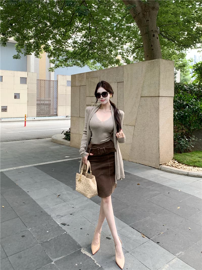 실사 한국 스타일 순수한 욕망 몸매 가꾸기 슬립 루즈핏 느긋한 니트 오픈 가디건 두 조각 여성 세트 상세 이미지 15