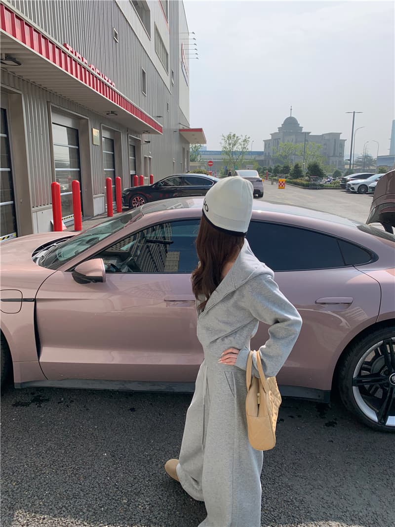 실사 회색 루즈핏 느긋한 후드 티 스웨터 여성 코트 넓은 다리 운동 캐주얼 웨이 바지 세트 투피스 세트 트렌디 상세 이미지 8