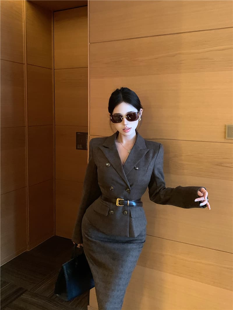 실사 오래된 돈 가을 겨울철 직장 바다 악마의 바람 작은 양복 재킷 반신 스커트 골드 비서 세트 투피스 세트 상세 이미지 7