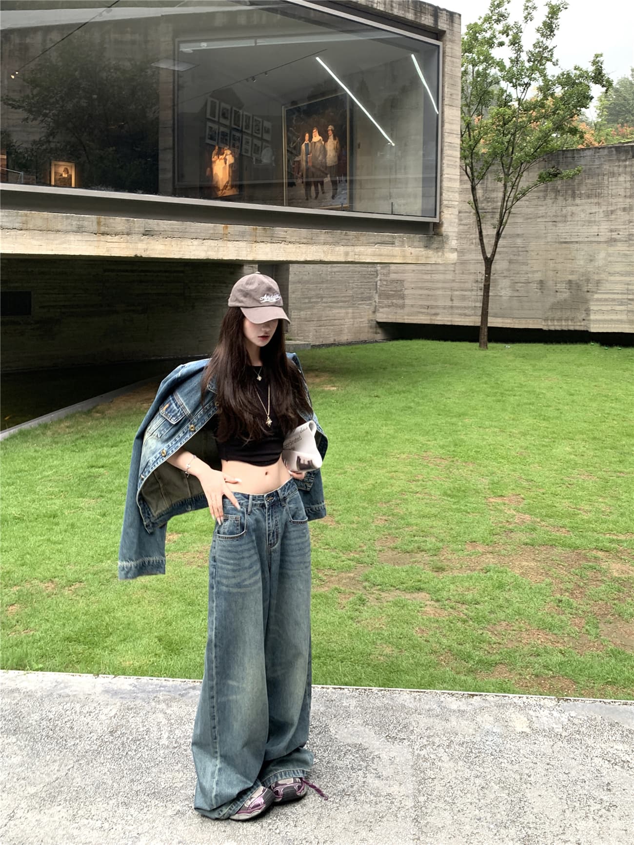 실사 느슨함 센스 캐주얼 데님 재킷 긴 바지 세트 여성 레트로 긴팔 재킷 바지 달콤한 차가운 투피스 세트