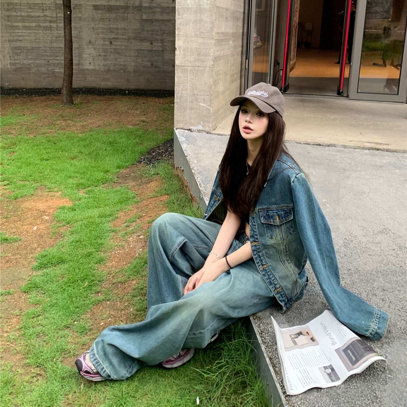 실사 느슨함 센스 캐주얼 데님 재킷 긴 바지 세트 여성 레트로 긴팔 재킷 바지 달콤한 차가운 투피스 세트 이미지 5