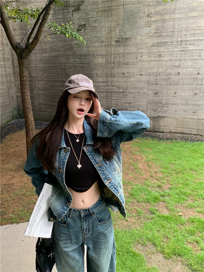 실사 느슨함 센스 캐주얼 데님 재킷 긴 바지 세트 여성 레트로 긴팔 재킷 바지 달콤한 차가운 투피스 세트 상세 이미지 3