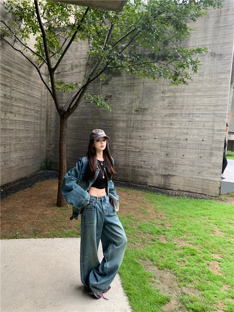 실사 느슨함 센스 캐주얼 데님 재킷 긴 바지 세트 여성 레트로 긴팔 재킷 바지 달콤한 차가운 투피스 세트 상세 이미지 15