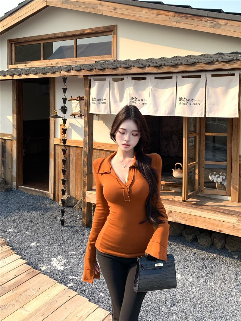실사 순수한 욕망 폴로 칼라 몸매 가꾸기 슬림해 보이는 V넥 긴팔 티셔츠 니트 기본 셔츠 미니멀리즘 단색 캐주얼 맨위 여성 상세 이미지 11