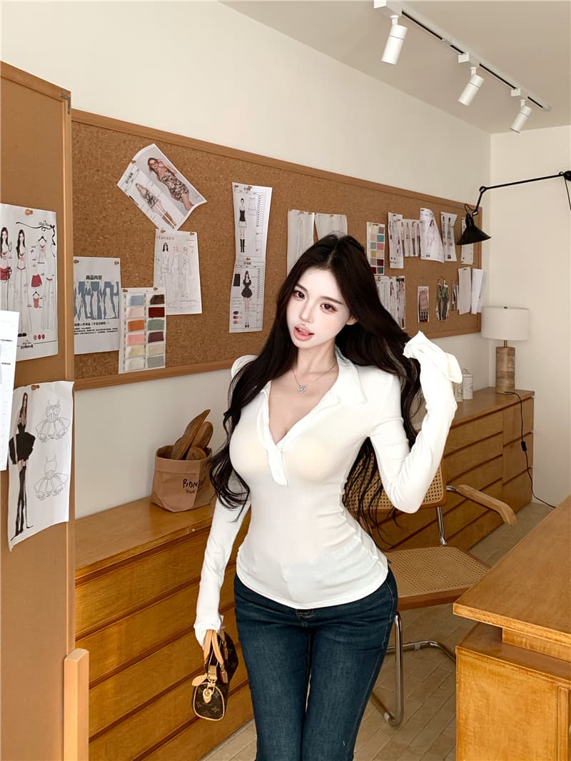 실사 순수한 욕망 폴로 칼라 몸매 가꾸기 슬림해 보이는 V넥 긴팔 티셔츠 니트 기본 셔츠 미니멀리즘 단색 캐주얼 맨위 여성 상세 이미지 27