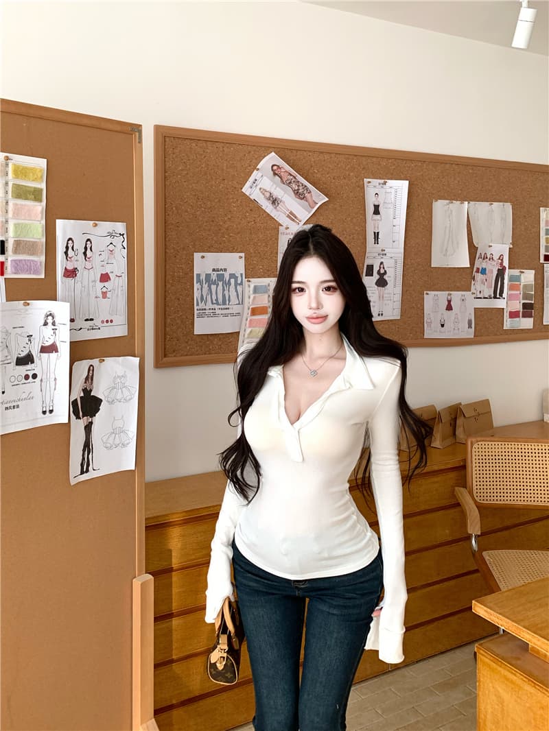 실사 순수한 욕망 폴로 칼라 몸매 가꾸기 슬림해 보이는 V넥 긴팔 티셔츠 니트 기본 셔츠 미니멀리즘 단색 캐주얼 맨위 여성 상세 이미지 28
