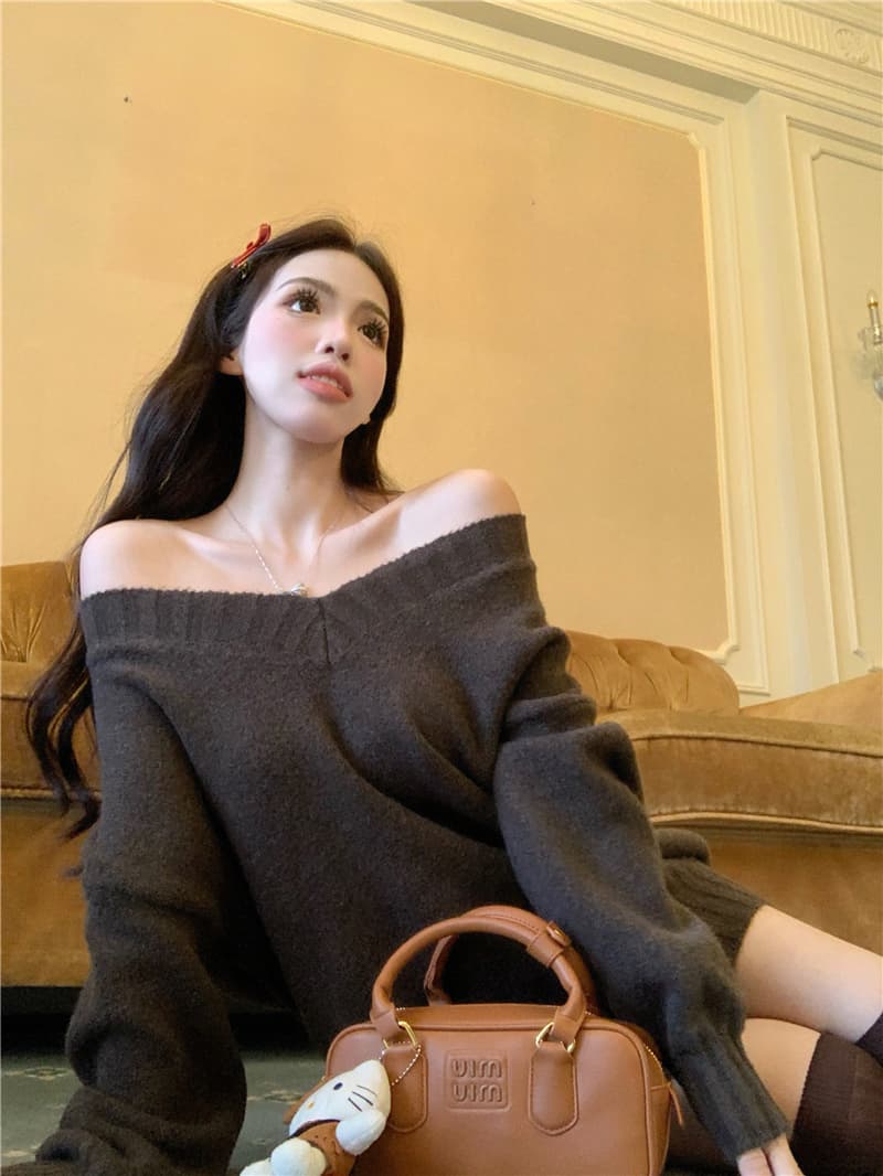 실사 정가 레트로 커피 색상 V넥 풀오버 니트 스웨터 스웨터 여자 미니멀리즘 루즈핏 느긋한 바람 맨위 상세 이미지 9