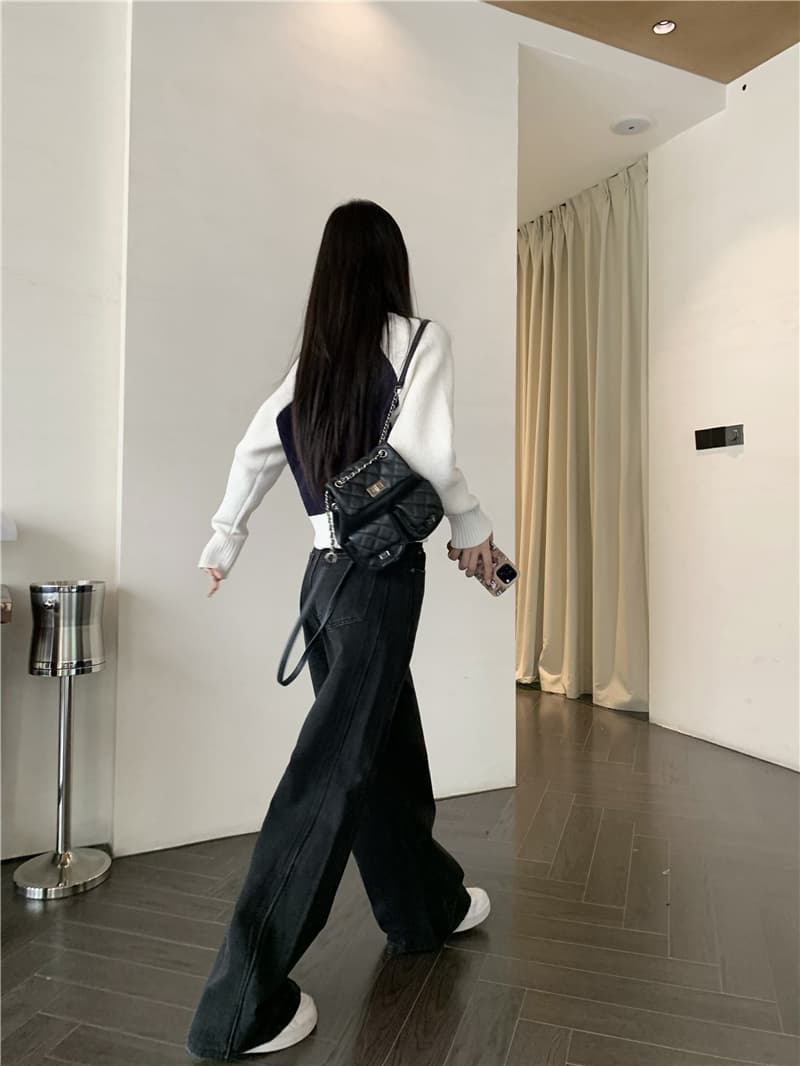 실사 정가 디자인 센스 자르기 슈퍼 슬림해 보이는 청바지 여성 하이웨이스트 스트레이트 루즈핏 와이드 레그 팬츠 긴 바지 트렌디 상세 이미지 10