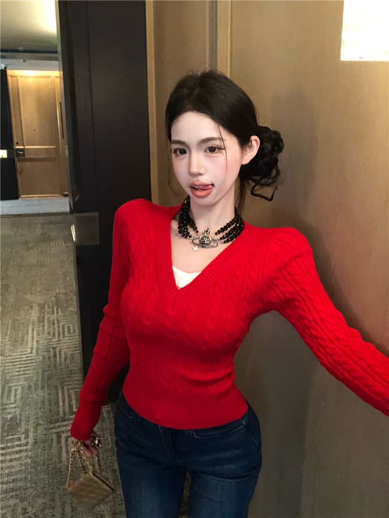 실사 정가 아름다움 높음 캐릭터 카드 페이크 레이어드 V넥 풀오버 꽈배기 스웨터 여자 학원 스타일 패치워크 색상 니트 스웨터 상세 이미지 3