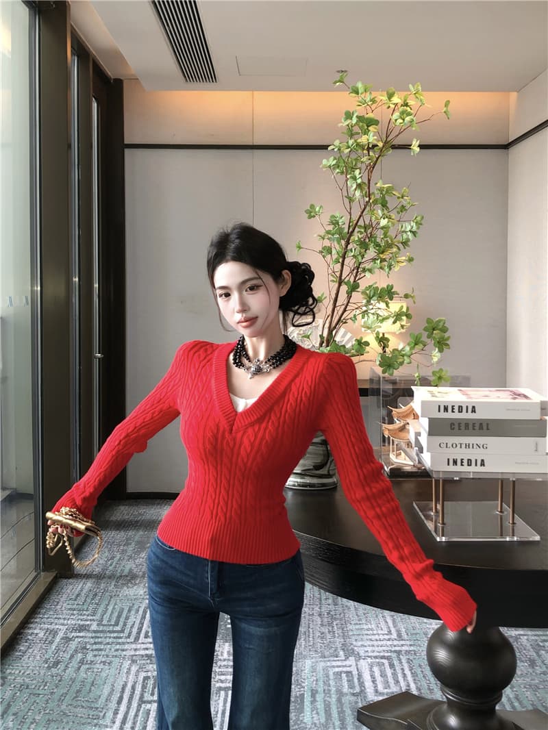 실사 정가 아름다움 높음 캐릭터 카드 페이크 레이어드 V넥 풀오버 꽈배기 스웨터 여자 학원 스타일 패치워크 색상 니트 스웨터 상세 이미지 12