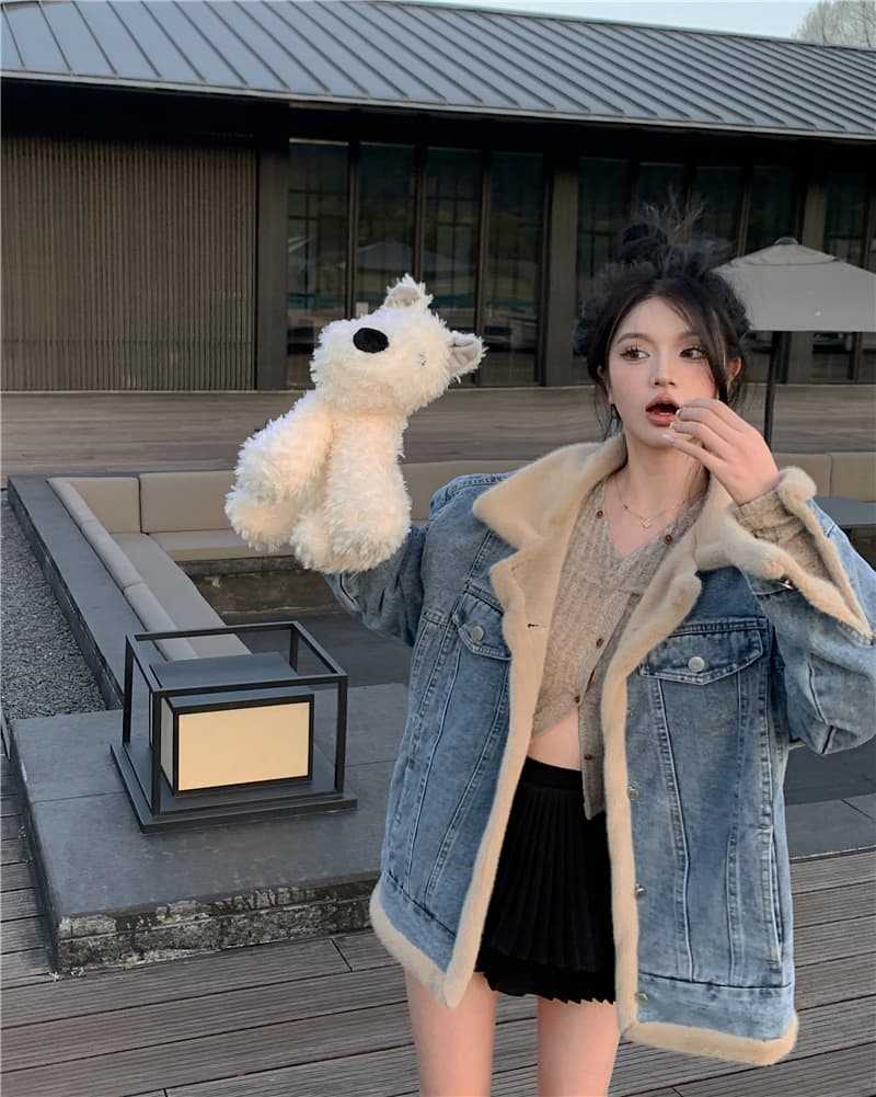 실사 정가 레트로 양털 데님 여성 코트 가을 겨울 털이 많은 캐주얼 양성 및 음성 둘 착용 상세 이미지 2