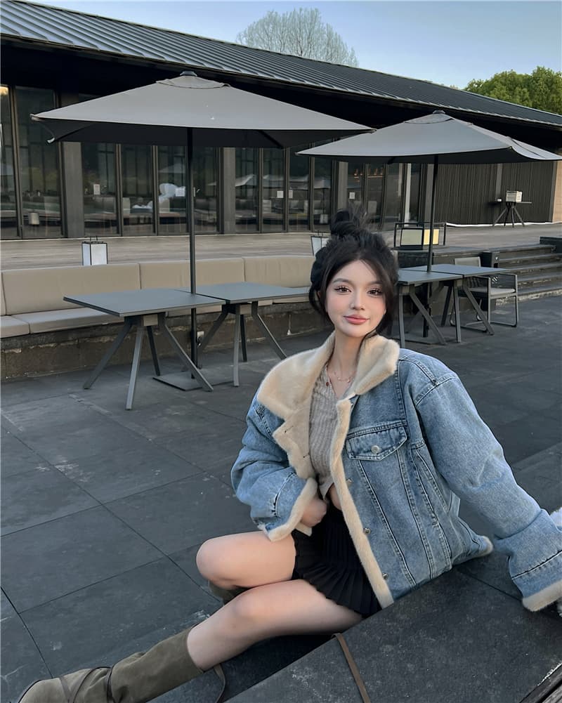 실사 정가 레트로 양털 데님 여성 코트 가을 겨울 털이 많은 캐주얼 양성 및 음성 둘 착용 상세 이미지 10
