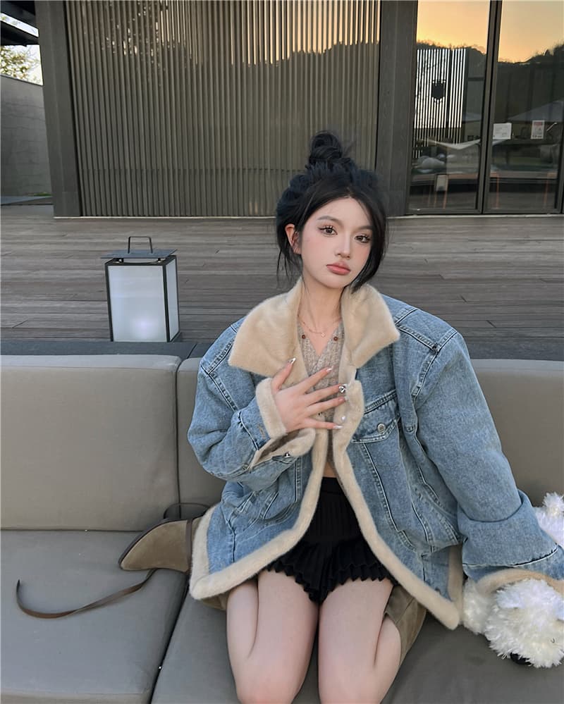실사 정가 레트로 양털 데님 여성 코트 가을 겨울 털이 많은 캐주얼 양성 및 음성 둘 착용 상세 이미지 12