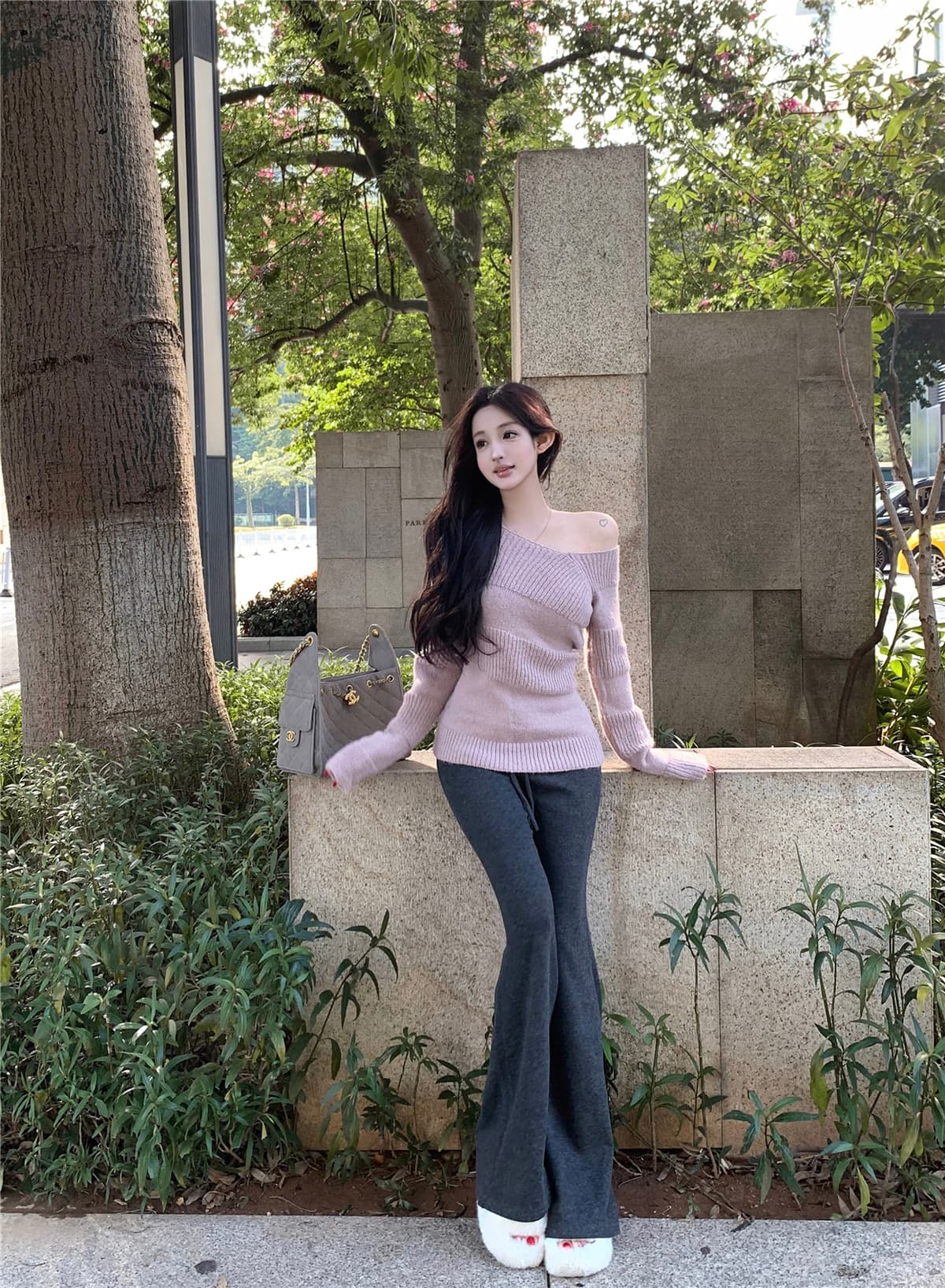 실사 착용 가져 가라. 전체 집합 한 부서 순수한 욕망 바람 핫걸 품격 비스듬한 어깨 니트 스웨터 부츠컷 바지 투피스 슈트 이미지 4