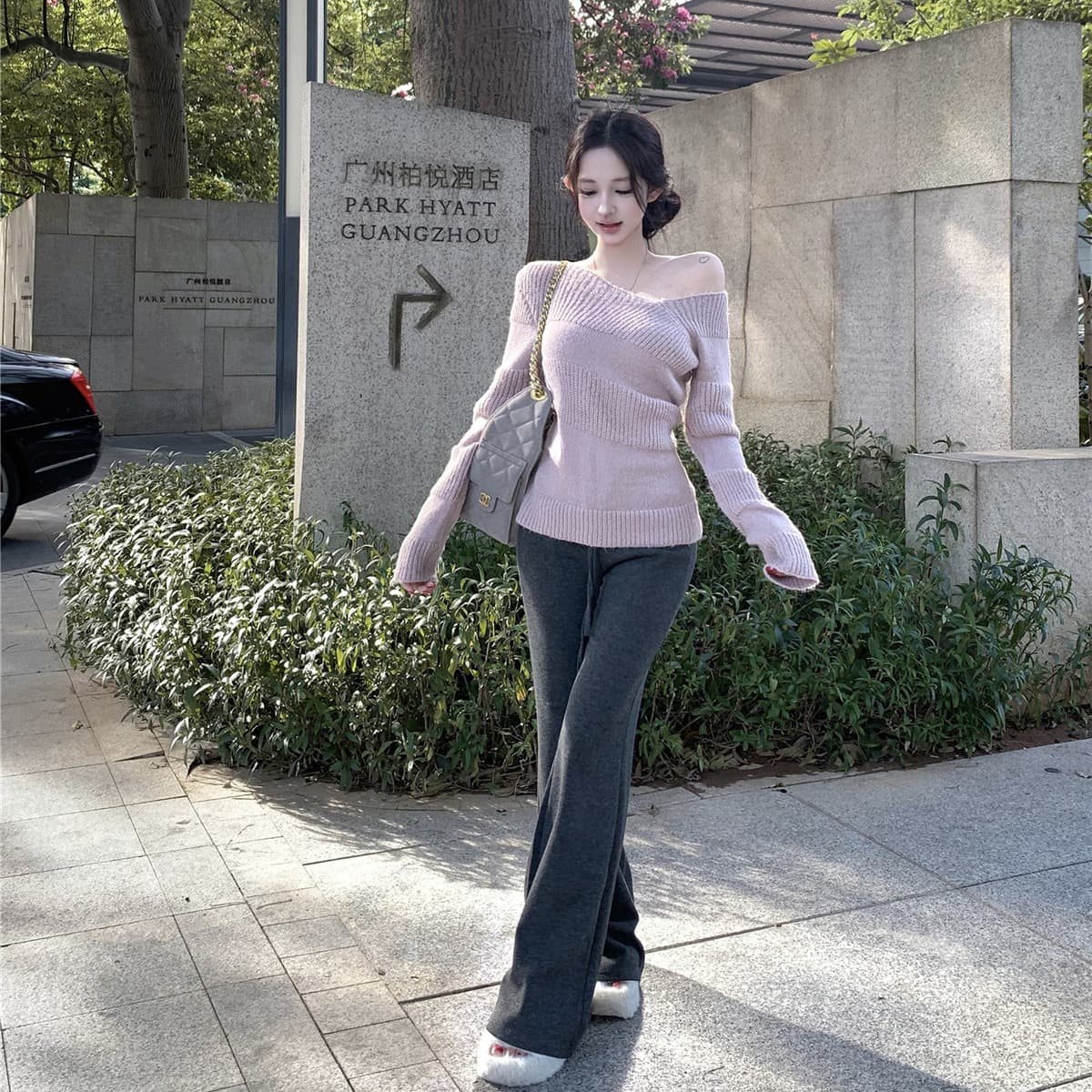 실사 착용 가져 가라. 전체 집합 한 부서 순수한 욕망 바람 핫걸 품격 비스듬한 어깨 니트 스웨터 부츠컷 바지 투피스 슈트 이미지 5