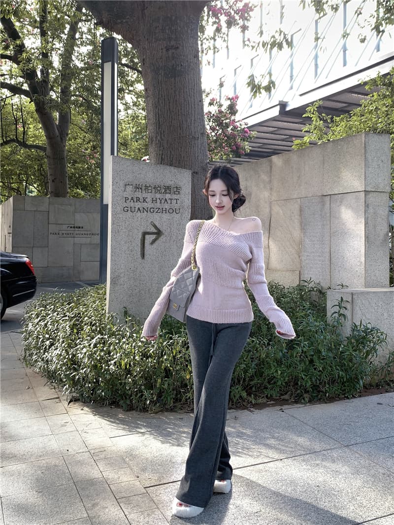 실사 착용 가져 가라. 전체 집합 한 부서 순수한 욕망 바람 핫걸 품격 비스듬한 어깨 니트 스웨터 부츠컷 바지 투피스 슈트 상세 이미지 5