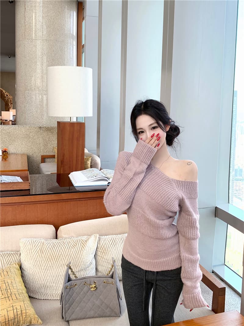 실사 착용 가져 가라. 전체 집합 한 부서 순수한 욕망 바람 핫걸 품격 비스듬한 어깨 니트 스웨터 부츠컷 바지 투피스 슈트 상세 이미지 9