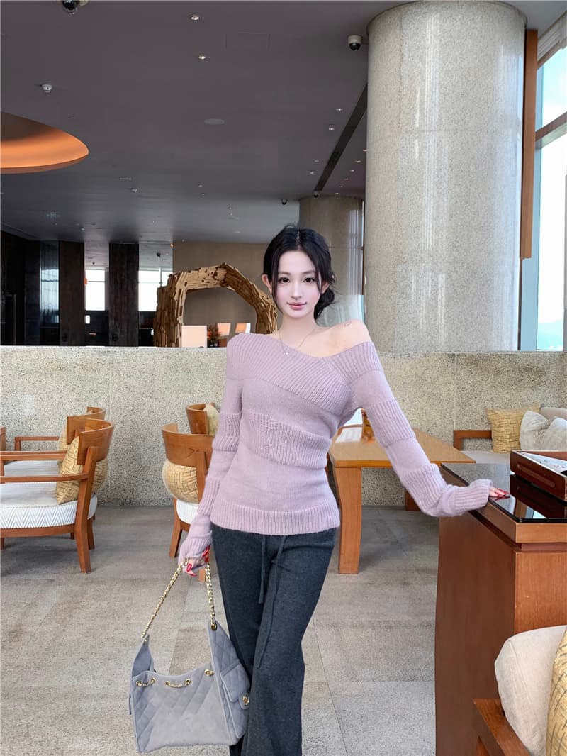 실사 착용 가져 가라. 전체 집합 한 부서 순수한 욕망 바람 핫걸 품격 비스듬한 어깨 니트 스웨터 부츠컷 바지 투피스 슈트 상세 이미지 11