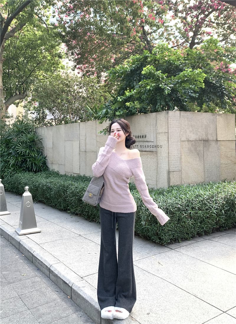 실사 착용 가져 가라. 전체 집합 한 부서 순수한 욕망 바람 핫걸 품격 비스듬한 어깨 니트 스웨터 부츠컷 바지 투피스 슈트 상세 이미지 15